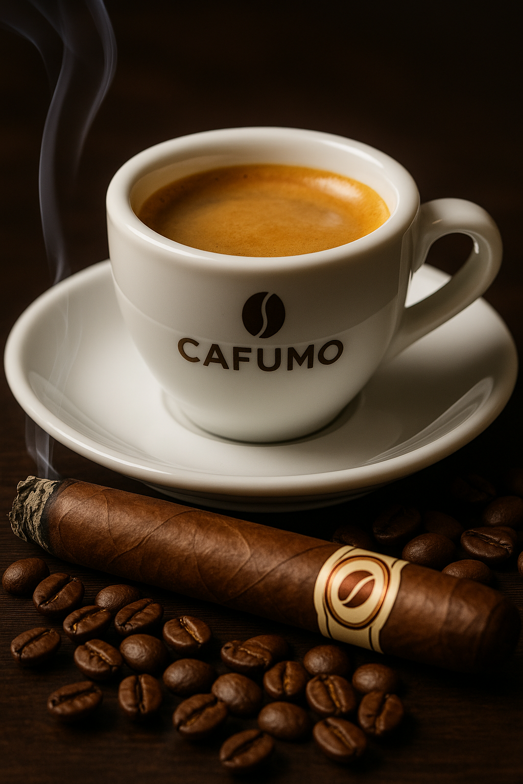Espresso with cigar on dark wood